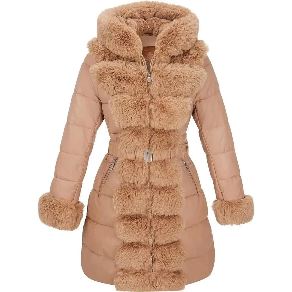 Women Puffer Coat  Long Fur Collar Hooded Thicken Thermal Fur lined Belted